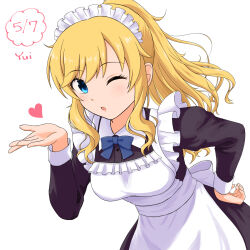 1girl ;o apron blonde_hair blue_eyes character_name commentary_request dated escapist_uco frilled_apron frills hand_on_own_hip heart highres idolmaster idolmaster_cinderella_girls long_hair looking_at_viewer maid maid_apron maid_headdress ohtsuki_yui one_eye_closed ponytail solo white_apron white_background