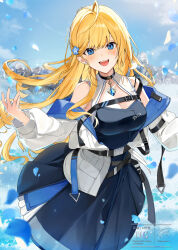 1girl ahoge belt black_dress blonde_hair blue_eyes blue_gemstone blue_sky breasts cleavage cloud cloudy_sky cowboy_shot dress falling_petals gem highres jacket long_hair long_sleeves looking_at_viewer medium_breasts miyanami_3 off-shoulder_jacket off_shoulder open_mouth original outdoors petals sky sleeveless sleeveless_dress smile solo teeth upper_teeth_only watermark white_jacket