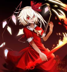 Rule 34 | 1girl, 2016, bad id, bad twitter id, blonde hair, crystal, dated, dress, female focus, fire, flandre scarlet, hair ribbon, houdukixx, koumajou densetsu, koumajou densetsu 2, laevatein, looking at viewer, one-hour drawing challenge, open mouth, red dress, red eyes, red ribbon, ribbon, short dress, signature, solo, touhou, wings