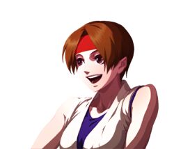 Rule 34 | 1girl, breasts, brown eyes, brown hair, dougi, female focus, hairband, karate gi, medium breasts, open mouth, pale skin, shirt, smile, smiley face, the king of fighters, yuri sakazaki