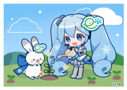 Rule 34 | 1girl, :d, bare shoulders, binchou maguro, blue eyes, blue hair, blush, boots, border, cloud, collared shirt, commentary request, copyright notice, day, detached sleeves, full body, grass, grey boots, grey skirt, grey sleeves, hatsune miku, holding, holding watering can, long hair, number tattoo, official art, open mouth, outdoors, plant, pleated skirt, rabbit yukine, shirt, shoulder tattoo, skirt, sleeveless, sleeveless shirt, smile, sparkle, standing, tattoo, thigh boots, very long hair, vocaloid, watering, watering can, white border, white shirt, wide sleeves, yuki miku, yuki miku (2010)