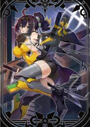 1girl ahoge black_hair black_shorts blush breasts circlekos duel_monster forehead_protector green_eyes hair_between_eyes hair_ornament high_heels holding holding_kunai holding_weapon kunai large_breasts long_hair ninja ponytail s-force_rappa_chiyomaru s:p_little_knight shirt short_shorts shorts sleeveless sleeveless_shirt solo thighhighs weapon yellow_shirt yu-gi-oh!