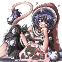Rule 34 | animal ears, baku (creature), bird wings, black hair, black wings, blob, bow, braid, breasts, cat ears, cat tail, cleavage, closed eyes, doremy sweet, dream soul, dress, eye20806972, green bow, green dress, hair bow, hat, heart, highres, kaenbyou rin, lying, medium breasts, multicolored dress, multiple tails, nekomata, nightcap, pillow, pom pom (clothes), purple hair, red hair, red hat, reiuji utsuho, smile, tail, tapir, tapir ears, tapir tail, third eye, third eye on chest, touhou, twin braids, two tails, wings
