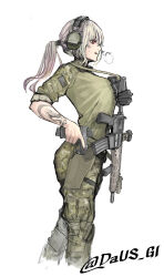 1girl absurdres american_flag ar-15 arm_tattoo assault_rifle breath camouflage camouflage_pants cargo_pants extended_magazine flashlight glock gloves gun handgun highres holster nyo551 optical_sight original pants ponytail red_eyes rifle single_glove sweat tattoo trigger_discipline weapon white_background white_hair