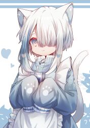 1boy :3 absurdres animal_ears apron barbed_tongue blue_background blue_jacket cat_boy cat_ears closed_mouth frilled_apron frills grey_eyes hair_over_one_eye heart highres holding holding_milk_carton jacket jersey_maid komiya_shuu long_sleeves maid male_focus milk_carton original paw_print short_hair_with_long_locks sidelocks simple_background sleeves_past_fingers sleeves_past_wrists smile solo trap two-tone_background unconventional_maid upper_body watermark white_apron white_background white_hair