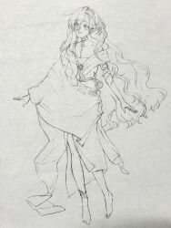1girl 37_(reverse:1999) :d ancient_greek_clothes anklet armlet barefoot choker full_body graphite_(medium) greco-roman_clothes greyscale hair_between_eyes highres jewelry lineart long_hair looking_up monochrome open_mouth reverse:1999 smile solo standing toga traditional_media ttsuke very_long_hair wavy_hair