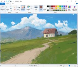 Rule 34 | art program in frame, christian young, cloud, cloudy sky, commentary, day, dirt road, dutch angle, hill, house, landscape, microsoft paint (medium), microsoft paint (software), mountainous horizon, no humans, original, outdoors, painterly, path, road, scenery, screencap, sky