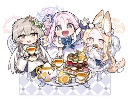Rule 34 | 3girls, animal, animal ear fluff, animal ears, animal on head, arm up, bird, bird on head, blonde hair, blue archive, blue bow, blush, bow, brown eyes, chair, chibi, commentary request, cup, dessert, dress, eating, flower, food, grey hair, hair bun, hair flower, hair ornament, halo, highres, holding, holding cup, holding saucer, kurihara sakura, leaf, long hair, low wings, mika (blue archive), multiple girls, nagisa (blue archive), on chair, on head, open mouth, pastry, pink eyes, pink flower, pink hair, purple flower, sauce, saucer, scrunchie, seia (blue archive), single side bun, sitting, sleeves past fingers, sleeves past wrists, tail, tail bow, tail ornament, tea party (blue archive), teacup, teapot, very long hair, white bow, white dress, white flower, white wings, wing ornament, wings, wrist scrunchie, yellow eyes