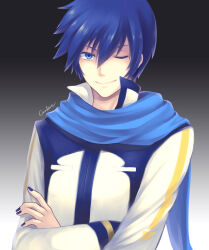 Rule 34 | 1boy, blue eyes, blue hair, blue nails, blue scarf, closed mouth, commentary request, crodire, crossed arms, fingernails, gradient background, grey background, kaito (vocaloid), looking at viewer, male focus, one eye closed, scarf, short hair, smile, solo, upper body, vocaloid