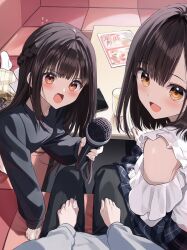 1boy 2girls :d black_hair black_shirt blue_skirt blush brown_eyes brown_skirt cellphone commentary_request couch cup drinking_glass grey_shirt highres indoors karaoke long_hair looking_at_viewer multiple_girls no_shoes on_couch open_mouth original osana_manaka osana_naruka pantyhose pentagon_(railgun_ky1206) phone plaid_clothes plaid_skirt pov shirt siblings sisters skirt smile table v-shaped_eyebrows very_long_hair white_pantyhose white_shirt