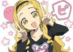1girl 1other :d bangs_pinned_back black_hairband black_shirt blonde_hair collarbone dot_nose double_v hairband highres invi_elno kirarazaka_marina long_hair long_sleeves octopus open_mouth shirt smile speech_bubble star_(symbol) takopii takopii_no_genzai upper_body v white_background yellow_eyes
