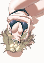 1girl absurdres arms_under_breasts bikini black_eyes blue_bikini blush breasts bright_pupils brown_hair cleavage collarbone commentary hands_up highres kms2605 large_breasts lying mole mole_under_eye on_back original solo swimsuit symbol-only_commentary thick_thighs thighs v-shaped_eyebrows white_pupils