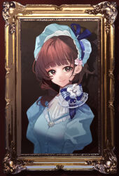 1girl absurdres blue_dress blue_hat blunt_bangs bonnet brown_background brown_eyes brown_hair dress drill_hair drill_sidelocks flower hair_flower hair_ornament hat highres juliet_sleeves kuroja long_sleeves looking_at_viewer neck_flower official_alternate_costume picture_frame pink_flower puffy_sleeves reverse:1999 satsuki_(reverse:1999) shadow short_hair sidelocks single_sidelock smile solo upper_body white_flower