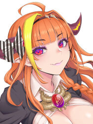 1girl ahoge blonde_streaks bow braid breasts brooch cleavage closed_mouth diagonal-striped_bow dragon_girl dragon_horns fang hair_bow hairband highres hololive horn_bow horn_ornament horns jewelry kiryu_coco kiryu_coco_(1st_costume) large_breasts long_hair multicolored_hair orange_hair pink_lips pointy_ears portrait red_eyes side_braid simple_background skin_fang smile solo streaked_hair striped_bow terumin_(yuganda_sebone) virtual_youtuber white_background