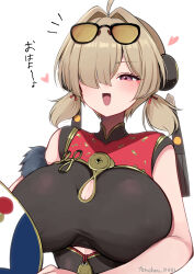 10eki_(tenchou) 1girl :d absurdres black_dress breasts brown_hair china_dress chinese_clothes cleavage cleavage_cutout clothing_cutout commentary_request dress eyewear_on_head hair_over_one_eye highres large_breasts open_mouth purple_eyes short_twintails simple_background smile solo sunglasses sweety_(zenless_zone_zero) translation_request twintails white_background zenless_zone_zero