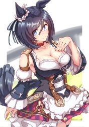 1girl absurdres animal_ears black_hair blue_eyes bob_cut breasts choker cleavage detached_sleeves ear_scrunchie eishin_flash_(umamusume) flova11 hair_between_eyes hand_on_own_chest highres horse_ears horse_girl horse_tail large_breasts long_sleeves looking_at_viewer medium_hair red_choker scrunchie short_hair skirt solo striped_clothes striped_skirt swept_bangs tail umamusume vertical-striped_clothes vertical-striped_skirt white_scrunchie