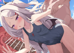 1boy 1girl bar_censor blue_archive blush breasts censored cross-section fujieda_uzuki hetero hina_(blue_archive) hina_(swimsuit)_(blue_archive) horns long_hair one-piece_swimsuit penis purple_eyes school_swimsuit sex sex_from_behind small_breasts swimsuit vaginal whistle whistle_around_neck white_hair wings