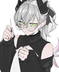 1girl black_sweater breasts choker crossed_bangs demon_girl demon_horns detached_sleeves ear_piercing fate/grand_order fate_(series) glasses green_eyes grey_hair hair_between_eyes highres horns lilith_(fate) long_hair medium_breasts needle piercing pointy_ears ponytail ri_o_ne_su round_eyewear sewing sleeveless sleeveless_sweater solo sweater thread