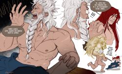 ! !! 2boys absurdres artist_name ass bara beard braid braided_beard collarbone completely_nude elden_ring english_text facial_hair godfrey_first_elden_lord grace_kim_(ryuuna) hand_on_another&#039;s_shoulder highres lion long_hair male_focus multiple_boys muscular muscular_male nude profile radagon_of_the_golden_order red_hair running scar scar_on_chest speech_bubble teeth white_background yawning