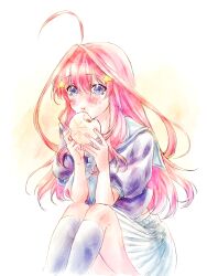 1girl ahoge steamed_bun blue_eyes blue_neckerchief blue_sailor_collar blue_serafuku blue_skirt blue_socks blush cowboy_shot eating food go-toubun_no_hanayome hair_ornament highres long_hair looking_at_viewer nakano_itsuki neckerchief pleated_skirt purple_shirt red_hair sailor_collar school_uniform serafuku shirt short_sleeves sitting skirt socks solo star_(symbol) star_hair_ornament sweat three_quarter_view yu_(flowerbird3830)