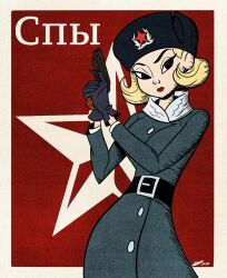 1girl 2020 black_eyes black_gloves black_hat blonde_hair coat commentary cowboy_shot gloves grey_coat gun handgun hat highres holding holding_gun holding_weapon lipstick makeup original red_lips schoolyardloser signature solo toon_(style) ushanka weapon