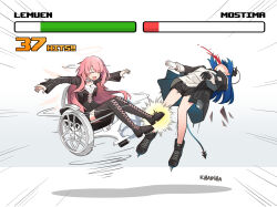 2girls arknights artist_name asymmetrical_gloves black_coat black_dress black_shorts blood blood_from_mouth blue_hair boots coat combo_counter demon_horns demon_tail detached_wings dress emphasis_lines fighting_game gloves halo health_bar highres horns kibashiba lemuen_(arknights) long_hair marvel mismatched_gloves mostima_(arknights) multiple_girls parody pink_hair shirt shorts spinning tail thigh_boots wheelchair white_shirt wings x-men x-men_mutant_academy_2