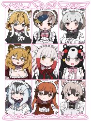 010mzam 6+girls aardwolf_(kemono_friends) alternate_costume animal_ears apron bat-eared_fox_(kemono_friends) bear_ears bear_girl bird_girl bird_wings black_bow black_bowtie black_dress black_hair blonde_hair blowhole blue_bow blue_bowtie blue_hair blunt_bangs bow bowtie brown_bow brown_bowtie brown_dress brown_hair center_frills chibi_kumamon_(kemono_friends) collared_dress dolphin_girl dorsal_fin dress enmaided extra_ears fox_ears fox_girl frilled_apron frilled_dress frills grey_dress grey_hair hair_between_eyes hair_ornament head_wings heart heart_hair_ornament highres japanese_crested_ibis_(kemono_friends) juliet_sleeves kemono_friends lion_(kemono_friends) lion_ears lion_girl long_hair long_sleeves maid maid_apron maid_headdress multicolored_hair multiple_girls one_eye_closed pacific_white-sided_dolphin_(kemono_friends) pink_bow pink_bowtie ponytail puffy_sleeves red_bow red_bowtie red_fox_(kemono_friends) red_hair shirt short_hair sidelocks smilodon_(kemono_friends) spot-billed_duck_(kemono_friends) star_(symbol) star_hair_ornament two-tone_hair upper_body white_apron white_hair white_shirt wings wolf_ears wolf_girl