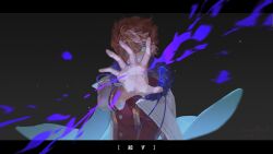 1boy aiming aiming_at_viewer aristocratic_clothes black_clover blue_eyes brown_hair cape covered_mouth dark_background expressionless fur-trimmed_collar fur_trim hand_up highres langris_vaude long_sleeves magic male_focus outstretched_hand reaching reaching_towards_viewer short_hair solo upper_body white_cape xingji20108
