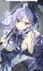 1girl ahoge ascot bare_shoulders black_nails bow bowtie breast_curtains breasts center_frills clothes_lift frilled_skirt frills gem hair_between_eyes hair_bow hairband hamita_(rikopin_ika) highres holding holding_umbrella large_breasts long_hair looking_to_the_side mole mole_under_eye nail_polish pantyhose parted_lips pointy_ears purple_ascot purple_gemstone purple_hair purple_hairband red_eyes shirt_lift sideboob skirt slit_pupils solo umbrella vivian_banshee zenless_zone_zero