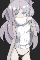 1girl blue_eyes breasts colored_eyelashes commentary_request deux_murasame freckles grey_hair gundam gundam_gquuuuuux hair_bun highleg long_hair looking_at_viewer purple_pupils ren_mizuha ribbed_tank_top simple_background small_breasts solo updo white_eyelashes white_hair