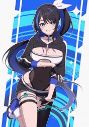 1girl absurdres alyssa_(specktech) aoi_suzu asymmetrical_legwear belt black_choker black_gloves black_hair black_shorts black_shrug black_thighhighs blue_eyes blue_hair blush breasts choker cleavage commission covered_navel gloves grin highres large_breasts long_hair long_sleeves looking_at_viewer multicolored_hair original second-party_source shorts shrug_(clothing) single_sock single_thighhigh skeb_commission smile socks solo standing standing_on_one_leg thighhighs two-tone_hair white_belt white_socks