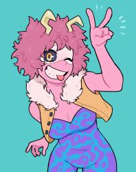 Rule 34 | 1girl, absurdres, ashido mina, bare shoulders, biting tongue, black sclera, blue background, blue unitard, boku no hero academia, breasts, brown jacket, cleavage, colored sclera, colored skin, covered navel, cropped jacket, doodlelotl, eye mask, fur-trimmed jacket, fur collar, fur trim, grin, hand up, highres, horns, jacket, looking at viewer, medium breasts, messy hair, multicolored clothes, one eye closed, pink hair, pink skin, short hair, sleeveless, sleeveless jacket, smile, solo, strapless, tongue, tongue out, unitard, v, white mask, yellow eyes, yellow horns