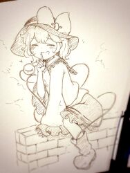 Rule 34 | 1girl, art tools in frame, blush, boots, bow, buttons, closed eyes, collared shirt, commentary request, diamond button, eyeball, facing viewer, finger to mouth, frilled shirt collar, frilled skirt, frilled sleeves, frills, hat, hat bow, highres, komeiji koishi, long sleeves, open mouth, photo (medium), shiro tsugumi, shirt, shushing, sitting on wall, skirt, solo, sweatdrop, third eye, touhou, traditional media, wide sleeves