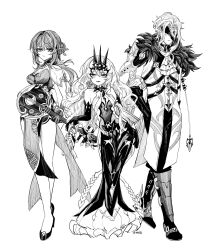 1boy 2girls absurdres asymmetrical_gloves banjo bare_shoulders black_gloves boots breasts center_opening china_dress chinese_clothes chinese_commentary cleavage coat dottore_(genshin_impact) dress earrings fur-trimmed_coat fur_trim genshin_impact gloves hair_between_eyes hair_ornament high_heels highres holding holding_instrument honkai:_star_rail honkai_(series) honkai_impact_3rd instrument jewelry large_breasts long_hair looking_at_viewer mask mask_on_head mihoyo mobius_(honkai_impact) monochrome multiple_girls ouroboros rainbowsugarflower ruan_mei_(honkai:_star_rail) scientist short_hair slit_pupils small_breasts spikes tiara trait_connection twitter_username white_background