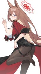 1girl absurdres animal_ears black_choker black_panties black_skirt blonde_hair blue_archive breasts brown_hair brown_pantyhose chinese_clothes choker cropped_legs double-parted_bangs extra_ears halo harness highres holster iak large_breasts long_hair looking_at_viewer looking_back multicolored_hair panties pantyhose pelvic_curtain pointing pointing_up purple_eyes red_shirt rumi_(blue_archive) shirt shoes unworn_shoes sidelocks skirt standing standing_on_one_leg thigh_strap toes two-tone_hair underwear waist_cape white_shirt
