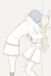 Rule 34 | 2girls, arms around neck, blonde hair, blue hair, blush, closed eyes, commentary request, highres, jacket, kiss, konohana hikari, konopya, long sleeves, multiple girls, ootori amane, school uniform, short hair, skirt, strawberry panic!, white jacket, white skirt, yuri