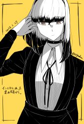 1girl blunt_bangs brown_eyes choker closed_mouth collared_shirt colored_tips commentary_request dated greyscale_with_colored_background hairband hand_up highres jacket jouhou long_sleeves medium_hair monochrome multicolored_hair neck_ribbon open_clothes open_jacket ribbon satsuki_yomi shirt simple_background solo striped_clothes striped_shirt toji_no_miko translation_request tucking_hair twitter_username yellow_background