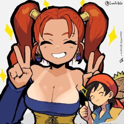 1boy 1girl bandana breasts cleavage closed_eyes dragon_quest earrings hero_(dq8) highres jessica_albert jewelry lunchiblz smile square_enix tan twintails