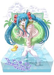 1girl :d absurdres aiming aiming_at_viewer aqua_eyes artist_name blue_hair blue_one-piece_swimsuit bow cardigan commentary commission commissioner_name digitan english_commentary full_body green_sailor_collar hair_bow highres holding holding_swim_ring holding_water_gun innertube long_hair long_sleeves looking_at_viewer mixed-language_commentary neck_ribbon no_pants no_shoes one-piece_swimsuit open_cardigan open_clothes open_mouth original pink_bow red_ribbon ribbon sailor_collar school_uniform second-party_source shirt skeb_commission smile solo standing swim_ring swimsuit swimsuit_under_clothes thank_you thighhighs toromi_(toromix2) twintails very_long_hair wading water_gun white_shirt white_thighhighs yellow_cardigan