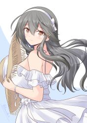 1girl alternate_costume blue_background blush bow bow_hairband brown_eyes commentary_request cowboy_shot double-parted_bangs dress from_side grey_hair hair_between_eyes hair_ornament hairband hairclip haruna_(kancolle) hat hat_ribbon highres holding holding_unworn_clothes holding_unworn_hat kantai_collection long_hair long_sidelocks looking_at_viewer off-shoulder_dress off_shoulder one-hour_drawing_challenge parallel_hairclips ribbon shizuna_kaede sidelocks simple_background smile solo spaghetti_strap straw_hat sundress twitter_username two-tone_background unworn_hat unworn_headwear white_background white_bow white_dress white_hairband white_ribbon wrist_ribbon