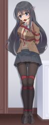 1girl absurdres arms_behind_back ball_gag bdsm black_pantyhose blue_eyes bondage bound chinese_commentary commentary ddt_(darktrident) drooling gag gagged grey_hair highres indoors loafers long_hair necktie pantyhose pleated_skirt restrained sakurajima_mai saliva school_uniform seishun_buta_yarou shibari shibari_over_clothes shoes skindentation skirt solo standing wiffle_gag