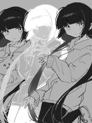 1girl animal black_hair black_thighhighs blunt_bangs grey_background highres holding holding_animal hood hood_down hoodie inabakumori lagtrain_(vocaloid) long_hair long_sleeves looking_at_viewer low_twintails monochrome osage_(nukunuku_nigirimeshi) popo_(amslkkririr) shoes sidelocks smile thighhighs twintails very_long_hair