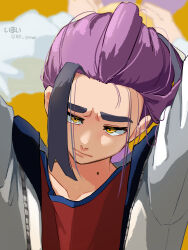 101_(imai) 1boy absurdres arm_up black_hair blurry blurry_background closed_mouth commentary_request furrowed_brow highres jacket kieran_(pokemon) loose_hair_strand male_focus messy_hair mole mole_on_neck multicolored_hair nintendo open_clothes open_jacket pokemon pokemon_sv purple_hair red_shirt shirt solo two-tone_hair upper_body watermark white_jacket yellow_eyes zipper