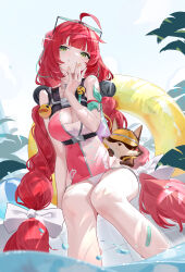 1girl absurdres ahoge bandaid bandaid_on_leg blue_sky bow braid breasts casual_one-piece_swimsuit cleavage day eyewear_on_head freeeeeeeeeee glint green_eyes grin hair_bow hands_up highres innertube long_hair looking_at_viewer low_twin_braids medium_breasts missing_commentary official_alternate_costume one-piece_swimsuit outdoors pink_one-piece_swimsuit sitting sky smile solo sphere_hair_ornament sunglasses swim_ring swimsuit tanuki twin_braids two-tone_one-piece_swimsuit ukinami_yuzuha ukinami_yuzuha_(tanuki_in_broad_daylight) very_long_hair white_bow white_one-piece_swimsuit zenless_zone_zero