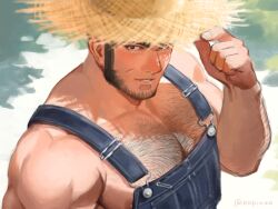 1boy arm_hair arm_up bara bare_pectorals beard black_hair brown_eyes chest_hair facial_hair golden_kamuy hairy hat looking_at_viewer male_focus muscular muscular_male naked_overalls nopinzo overalls pectorals short_hair sideburns smile solo straw_hat tanigaki_genjirou twitter_username upper_body