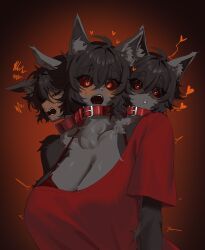 3girls absurdres ahoge animal_ear_fluff animal_ears black_fur black_hair blush body_fur bra breasts cerberus chest_tuft cleavage collar colored_sclera conjoined dog_ears dog_girl drooling fangs furry furry_female gradient_background grey_fur heart highres huge_breasts messy_hair multicolored_fur multiple_girls multiple_heads nangmanheeyou open_mouth original parted_lips red_background red_bra red_collar red_eyes red_sclera red_shirt shirt short_sleeves single_bare_shoulder squiggle teeth underwear upper_body