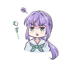 Rule 34 | 1girl, :&lt;, akihitohappy, aqua neckerchief, blue dress, blush, commentary request, d:, dress, green eyes, hasu no sora school uniform, link! like! love live!, long hair, love live!, low ponytail, neckerchief, official alternate hairstyle, open mouth, otomune kozue, ponytail, puffy short sleeves, puffy sleeves, purple hair, sailor collar, sailor dress, school uniform, shaded face, short sleeves, sidelocks, simple background, solo, squiggle, summer uniform, triangle mouth, v-shaped eyebrows, virtual youtuber, white background, white sailor collar