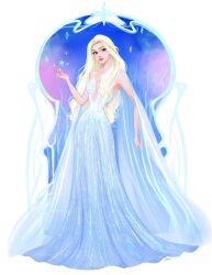 1girl blonde_hair blue_dress blue_eyes breasts cleavage closed_mouth commentary dress elsa_(frozen) english_commentary frozen_(disney) full_body highres jonuelsketch long_dress long_hair makeup mascara pink_lips solo