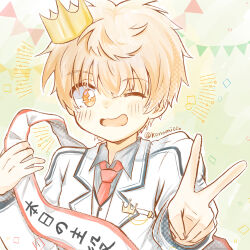 Rule 34 | 1boy, ;d, black shirt, blush, collared shirt, commentary request, crown, eyes visible through hair, hair between eyes, happy, highres, jacket, kazamatsuri institute high school uniform, konomi (konomi00e), long sleeves, looking at viewer, male focus, necktie, one eye closed, open mouth, orange eyes, orange hair, pastel colors, red necktie, rewrite, school uniform, shirt, short hair, simple background, smile, solo, spiked hair, tennouji kotarou, translation request, twitter username, upper body, v, white jacket