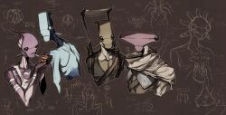 4boys arthropod_boy beep_(kenshi) blue_skirt brown_background bug collarbone colored_skin compound_eyes cropped_torso highres holding holding_lighter juerucj kenshi lighter lighting_cigarette male_focus mouth_hold multiple_boys no_humans purple_skin ribbon shoulder_blades skirt tube